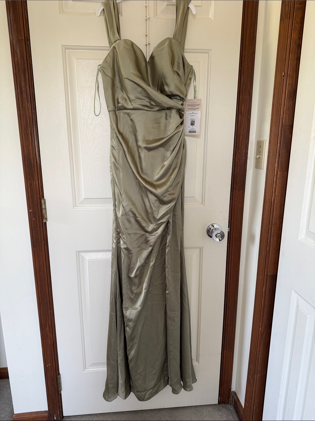 Revelry Olive Satin Sweetheart Ruched Maxi Dress